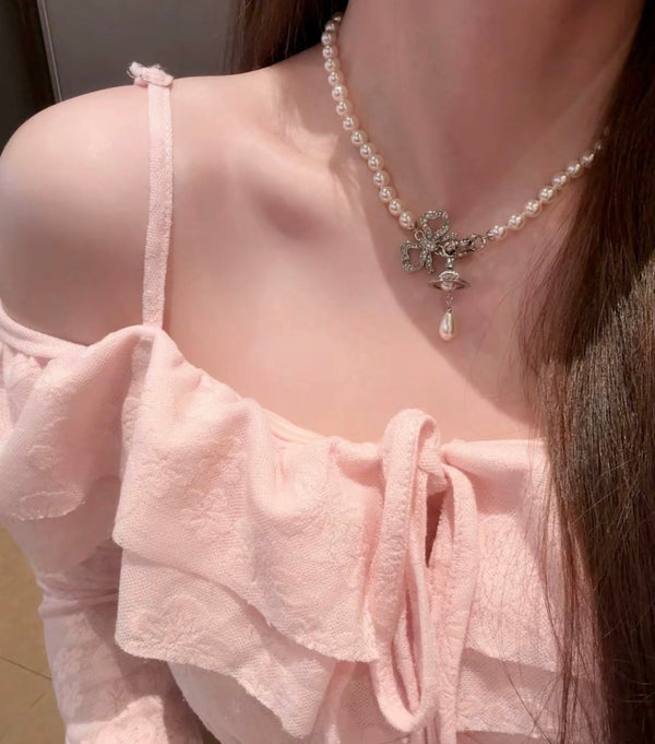 Vivienne Westwood Rigoberta Pearl Necklace 蝴蝶結水滴珍珠鏈 - Topickstore