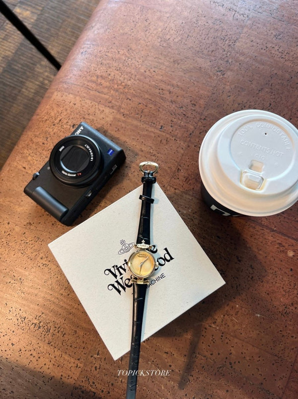 文青女必入!!Vivienne Westwood Ladies Maida Watch - 黑金皮革手錶 - Topickstore