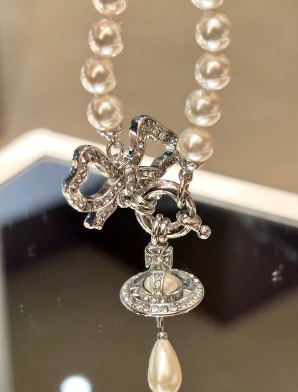 Vivienne Westwood Rigoberta Pearl Necklace 蝴蝶結水滴珍珠鏈 - Topickstore