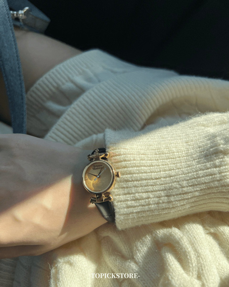 文青女必入!!Vivienne Westwood Ladies Maida Watch - 黑金皮革手錶 - Topickstore