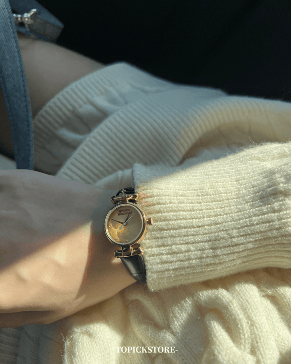 文青女必入!!Vivienne Westwood Ladies Maida Watch - 黑金皮革手錶 - Topickstore