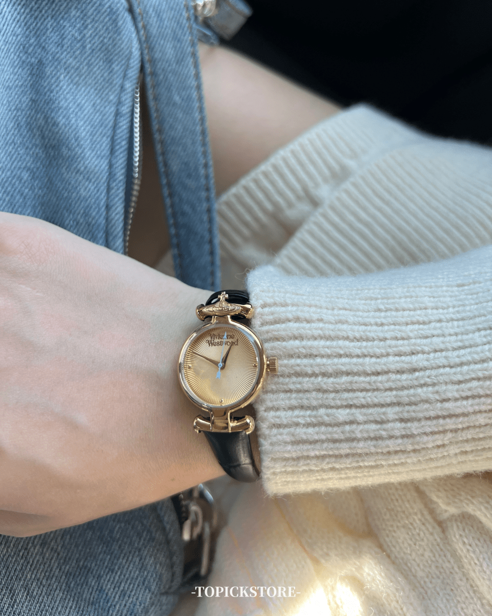 文青女必入!!Vivienne Westwood Ladies Maida Watch - 黑金皮革手錶 - Topickstore