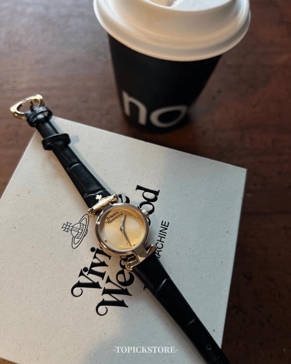 文青女必入!!Vivienne Westwood Ladies Maida Watch - 黑金皮革手錶 - Topickstore