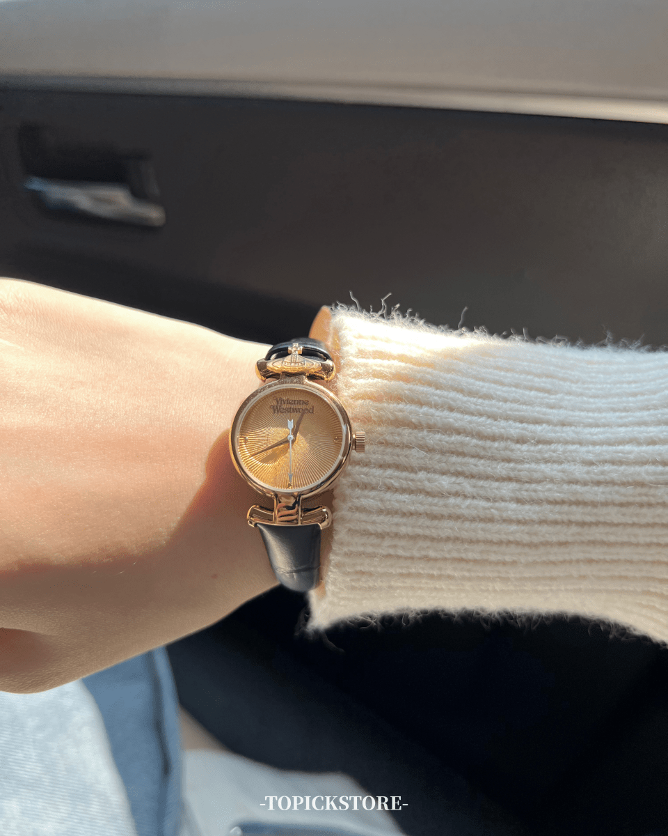 文青女必入!!Vivienne Westwood Ladies Maida Watch - 黑金皮革手錶 - Topickstore